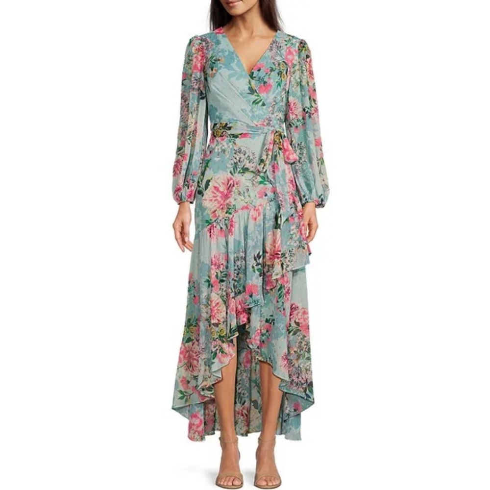 Eliza J Floral Metallic Surplice V-Neck Long Sleeve High-Low Wrap Maxi Dress 2